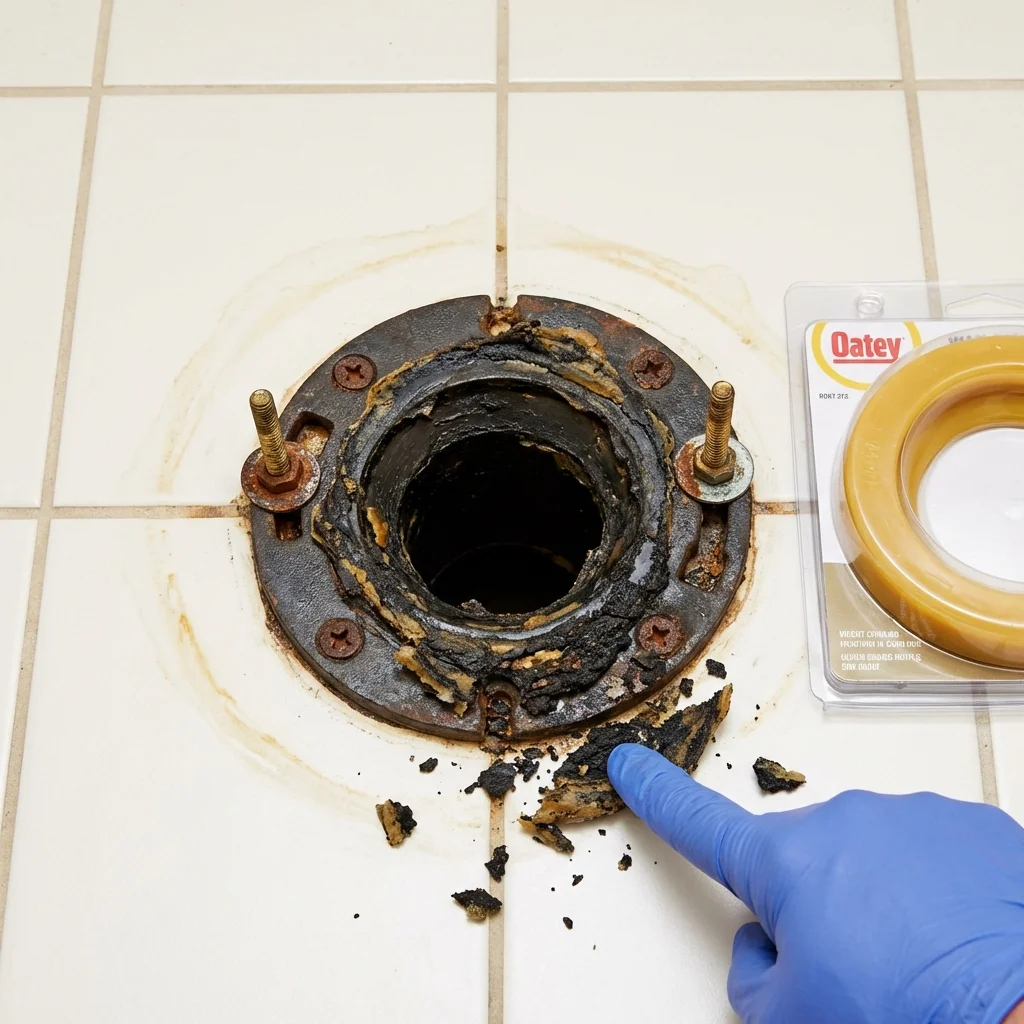 Failed wax ring showing water seepage at the base of a toilet in a Marion, VA home