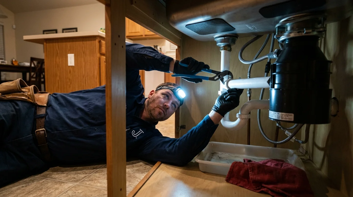 P-trap and supply line connections under a kitchen sink showing a common leak point in Marion, VA